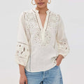 Linen V-Neck Top – Raglan Sleeve Hollow Design Casual Split Style Blouse for Women’s
