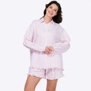 Women Striped Pajama Set Long Sleeve Top Shorts Comfortable Sleepwear pink 