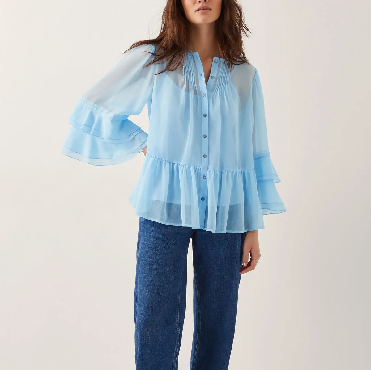 Women's New Chiffon Blouse – V-Neck 3/4 Sleeve Loose Fit Pleated Casua