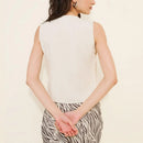 Women’s Sleeveless Cotton Linen Blouse – Round Neck Tie Bow Pleated Summer Tops Beige Color Clothing