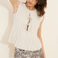 Women’s Sleeveless Cotton Linen Blouse – Round Neck Tie Bow Pleated Summer Tops Beige color dress main photo