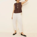 Women’s Sleeveless Cotton Linen Blouse – Round Neck Tie Bow Pleated Summer Tops khaki color dress 